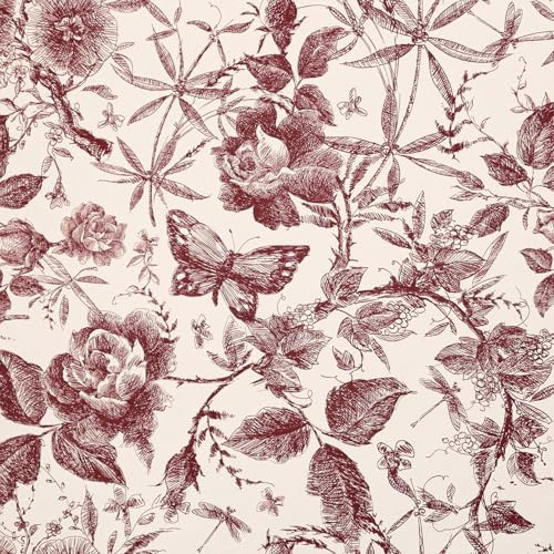 LOVADA Drawer Liner Contact Paper for Dresser Drawers Peel and Stick Wallpaper Sketched Design 15.7x118in Self Adhesive Removable Red Maroon Rose Floral Butterfly Vintage Cabinet Shelf Renter Friendly