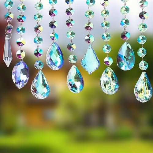 9 Stück Kristall Ornament Aufhängen, Sonnenfänger mit Kristallen, Prismen Glasanhänger Perlen, Hanging Windspiel, Hängend Fensterdeko, Gartendekoration Sonnenfänger, Deko Anhänger (Transparent)