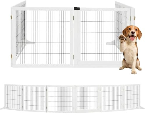 PawHut Barrière de sécurité Chien barrière autoportante barrière modulable Pliable 6 Panneaux 2 Pieds Support Bois de pin 432 x 36 x 70 cm Blanc