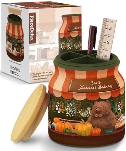 PieceRelax 3D Puzzle Jar 96 Plastic Pieces for Adults - Bear's Harvest Bakery - Use Includes Divider as Pen and Utensils Holder with Wooden Lid for Kitchen Dining Study Living Room [BB1038]