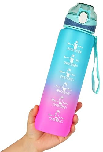SEASEVEN Water Bottle with Straw 1L,Boys Water Bottles with Straw 1 Litre,Waterbottle Leak-Proof Sports Water Bottle,Plastic Drinks Bottles Toxin Free,Bpa-Free (Blue-Pink)