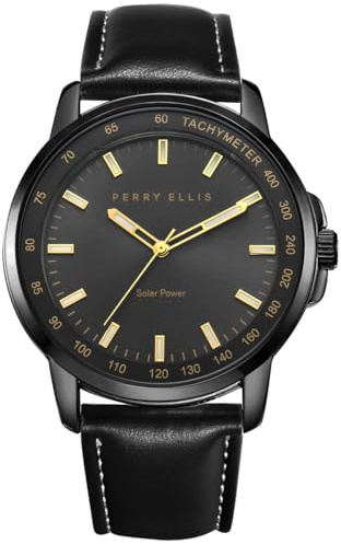 Perry Ellis Solar Powered Mens Watch | Vegan Leather Water-Resistant Analog Wrist Watches for Men | 43mm Case | Aluminum Tachymeter Bezel | Elegant Gift for Man (Black)
