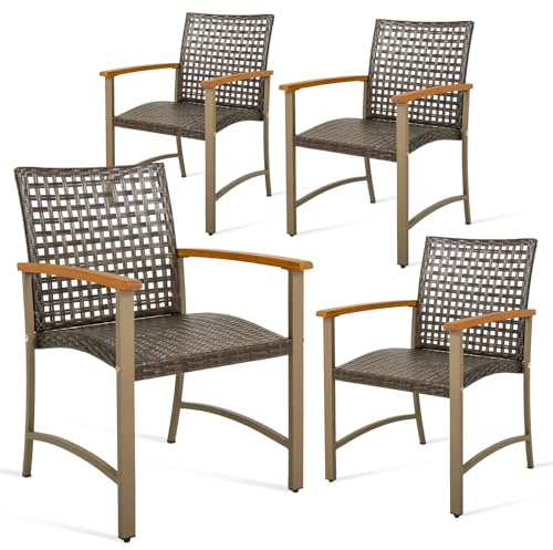 LIFEZEAL Juego de 4 sillas de jardín de Mimbre PE, sillón de Comedor con reposabrazos de Madera de Acacia, Estructura de Metal, Capacidad de Carga 180 kg, Muebles de terraza, balcón, Patio