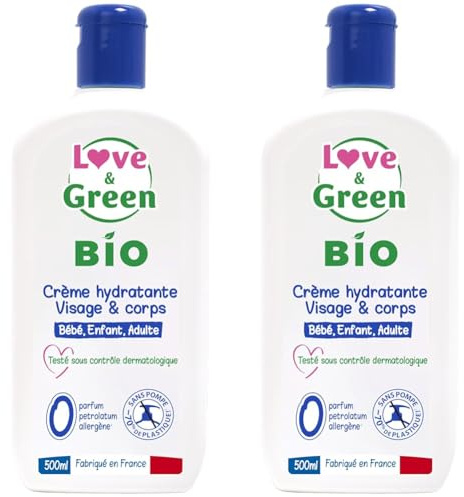 Love & Green - Crème Hydratante Visage/Corps Bio 0% 500 ml - Fabriqué en France (Lot de 2)