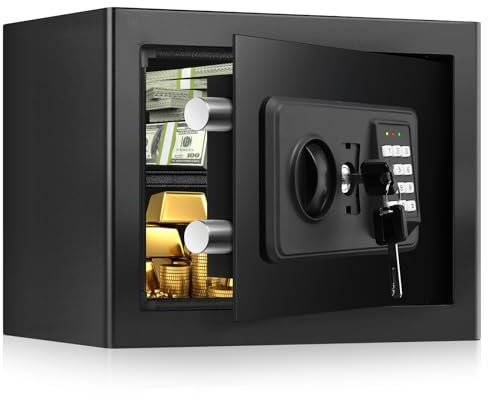 1.2 Cuft Small Home Safe Fire and Waterproof, Anti-theft Fireproof Safe Box with Digital Keypad, Spare Keys and Removable Shelf, Personal Safes for Home Money Medicine Valuables
