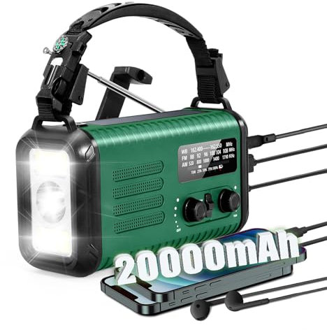 Radio a manovella di emergenza da 20000 mAh/74000 mWh, radio meteorologica NOAA con AM FM NOAA, radio a batteria solare con caricabatterie per telefono cellulare, allarme SOS, bussola e lampada da