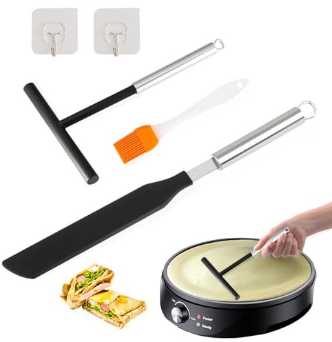 TAIXING Kit Spalmatore per Crepes a T con Spatola, Pennello Oli e Gancio, Acciaio Inossidabile 304, Stendi Crepes 19,5 cm per Pancake, Crêpes, Accessori Cucina
