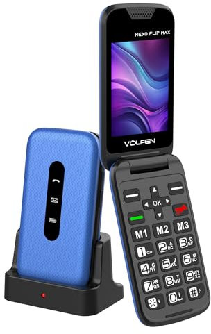 Volfen Nexo Flip MAX - Teléfono móvil de Tapa para Personas Mayores, Botones y Teclas Grandes, fácil de Usar, USB-C, 3 memorias directas, Base de Carga, Color Negro (Azul)