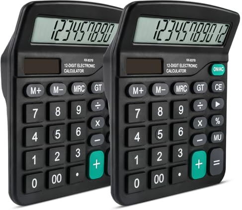 2 Pieza Calculadora Basica, Potencia batería, Calculadora Oficina, Calculadora Básica con Pantalla LCD de 12 Dígitos, Botones Grandes, Función Estándar para Oficina, Hogar y Escuela, Negro
