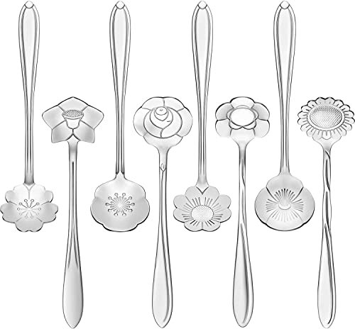 Lot de 8 cuillères à café en forme de fleur en acier inoxydable - Cuillère à sucre créative - Cuillère à thé, cuillère à mélanger, 8 motifs différents (colorés)
