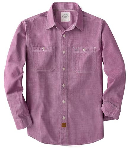 Dubinik Chambray skjorta män långärmad bomullsarbetströjor med 2 fickor casual button down, Mörkrosa, L