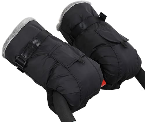 YTACREA Universale Guanti Passeggino Inverno, Guanti Passeggino Scaldamani con Cinturino Elastico Regolabile, Caldo Materiale di Peluche e Cotone All'interno, Antigelo Impermeabile Antivento, Nero