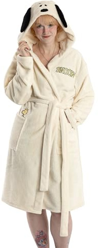 Peanuts Bata de baño con capucha de Snoopy para mujer, color crema | Ropa de estar por casa de polar de manga larga con orejas 3D | Pijama acogedor con dibujos animados