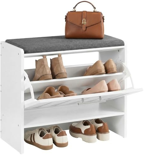 HOOBRO Panca Scarpiera con Seduta Imbottita in Tessuto Lino, Portascarpe a Ribalta per 9 Paia di Scarpe, Ripiano Interno Regolabile, 60 x 30 x 55 cm, per Ingresso, Corridoio, Bianco e Grigio EWG15HX01