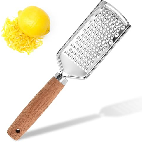 Rallador de queso parmesano con mango de madera para parmesano, ajo, jengibre, cáscara de limón, nuez moscada, manzana y verduras – Rallador de cocina Rallador de acero inoxidable