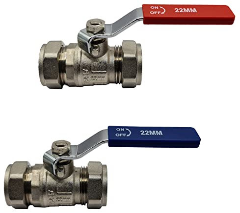 Pipestation 22mm Isolation Valve, 2 Pack with Red & Blue Handle - Lever Compression Fitting Shut Off Iso Valve - WRAS Approved - Large Bore for Increased Flow - Compression Olives Included