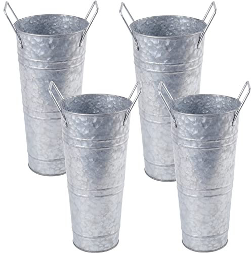 ZOOFOX Set of 4 Galvanized Metal Vases, 9 Farmhouse French Bucket with Handles, Rustic Style Metal Flower Holder for Home and Wedding Table Centerpiece Decor, with Plastic Liner/Insert Included