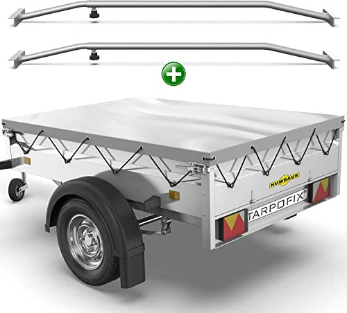 Tarpofix® Anhängerplane 258x136 cm + 2x Planenbügel | Anhänger Plane Flachplane aus PVC PLANENMATERIAL | Verstärkte Humbaur Anhänger Plane für 1300kg PKW Hänger | Abdeckplane + Flachplanenbügel | Grau