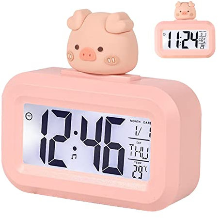 Simpatico Allarme Elettronico, Schermo LED a Cartoni Animati, Orologio Elettronico, Display Chiaro, Protezione per Gli Occhi, Digitale per la Cameretta dei Bambini (Maialino Rosa)