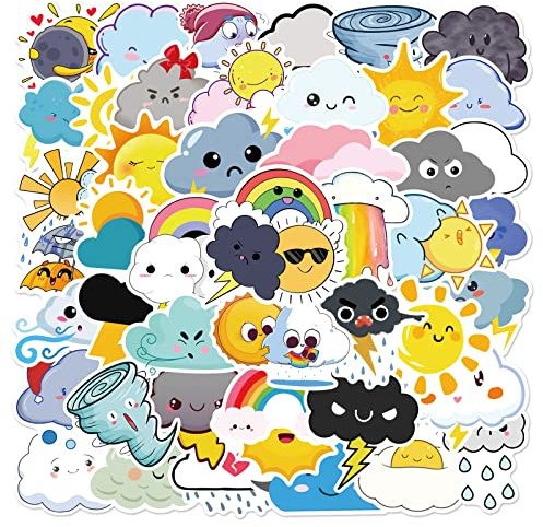 50 Pegatinas de Signo del Tiempo para Niños y Adolescentes - Kawaii Sol, Arco Iris, Lluvia, Tormenta, Tornado - Símbolos Meteorológicos de Vinilo Impermeable