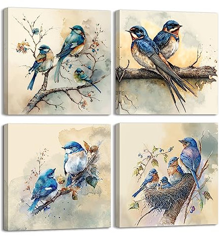 Piy Painting Cuadros Modernos pájaro azul Impresión de lienzos Cuadro sobre Lienzo Pinturas Murales Decoración Cuadros de animales Enmarcado Para Sala de estar Comedor Decoración de pared 4X 30x30cm
