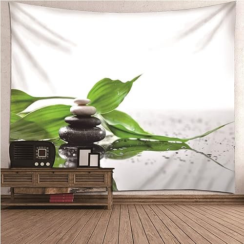 Aotiwe Wandteppiche, Wandbehänge Deko Stoff Bambusblätter und Schwarze Steine Schwarz Grün Tuch Wand aus Polyester Schlafzimmer Deko Wand 150x150cm