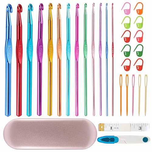 Newellsail Juego de Agujas de Ganchillo 13 Tamaños 2 a 9 mm Agujas de Crochet de Aluminio Coloridas con Accesorios de Ganchillo y Caja de Hierro para Principiantes 30 Piezas