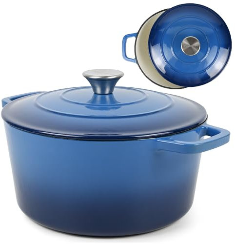 ANDREW JAMES Cast Iron 5L Round Casserole Dish with Lid – Enamel Coated Dutch Oven for Bread Baking, Stews, Roasting & Braising – Oven Proof Cast Iron Pan, No Seasoning Required (Blue)