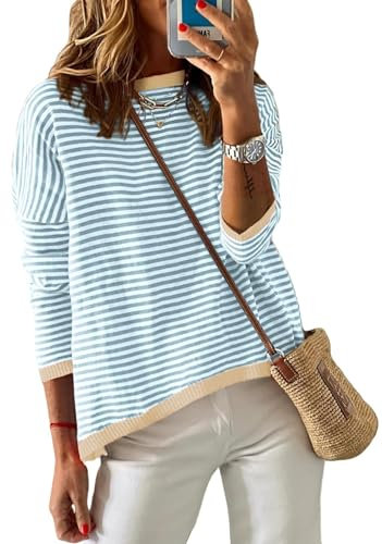 Cuptacc Pullover Damen Gestreiftes Sweatshirt Damen Rundhals Langarm Pulli Elegant Baumwolle Tshirts Baugrün Mittel M 38-40