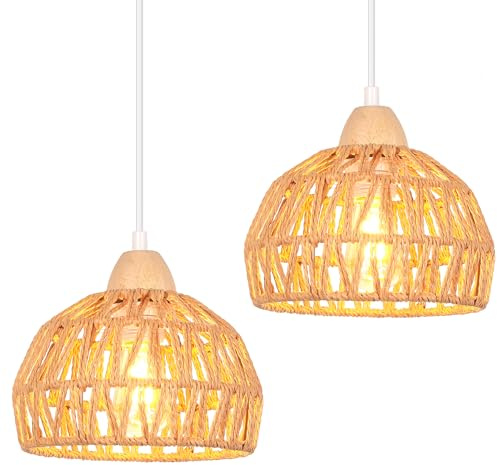 iDEGU 2 Stück Hängelampen Retro 20cm E27 Hängeleuchte aus Rattan Holz Bohème-Stil Geflochten Deckenleuchte Vintage Pendelleuchte für Schlafzimmer Esszimmer Küche Restaurant (Braun Rattan)