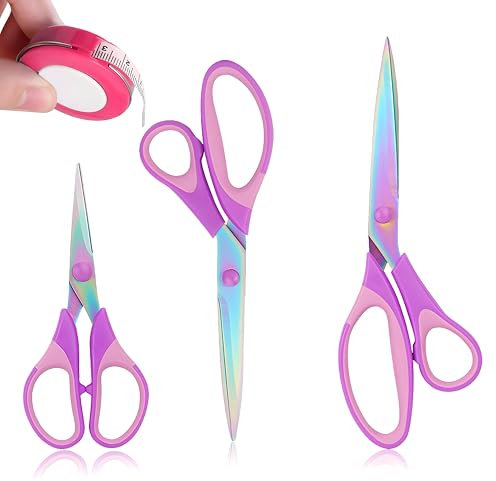 Heavy Duty Titanium Plated Stainless Steel Sewing Scissors, Dressmaking Scissor, Set of 3 Scissors with Small Measuring Tape for Cutting Fabrics and Leather Office, Home, School and Tailor. (Purple)