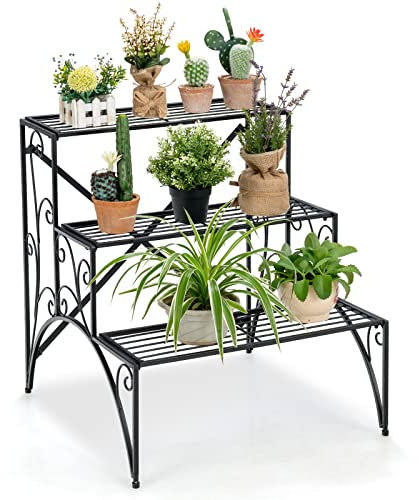 COSTWAY 3 Tier Plant Stand, Stair Style Metal Flowers Pot Holder Storage Shelf, Ladder Decorative Display Rack for Indoor Outdoor Balcony Garden Yard (61 x 63 x 67 cm)