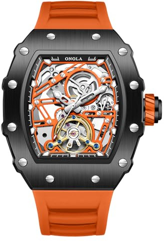 DAXIAOYU Fashion Tonneau Silicone Strap Fully Automatic Watches for Men Hollow Out Rudder Flywheel Mechanical Watch Tourbillon Skeleton Waterproof Wristwatch, Black Orange, Luxury