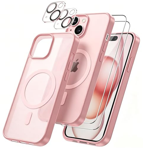 Czyoa Coque Magnétique pour iPhone 15 avec 2 Pièces Verre Trempé Protection Écran + 2 Protections pour caméras, Anti-Rayures, Anti-Dérapante, Etui de Rose Clair TPU Protection iPhone 15