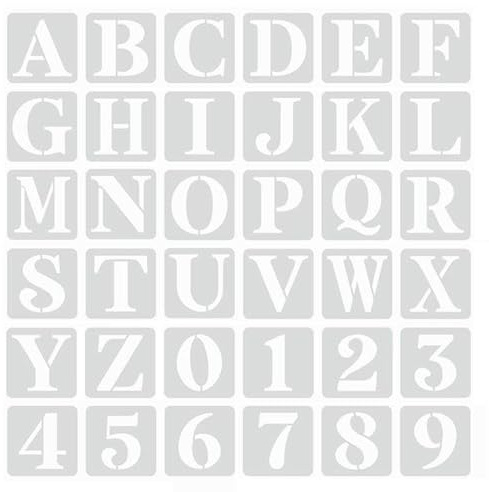 Stencil con lettere e numeri, 10 cm, 36 pezzi, riutilizzabili, in plastica, stencil per pittura su legno, parete, tela, progetti artistici fai da te, decorazioni artigianali