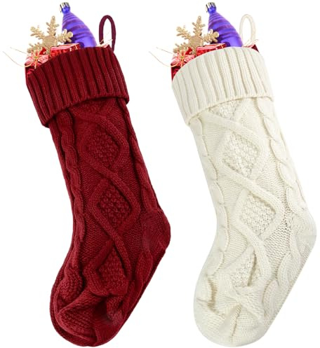 Nikolausstrumpf, 2 Stück Gestrickte Weihnachtsstrumpf,Nikolausstiefel, Nikolaus Socken Hängende, Weihnachtssocken zum Befüllen für Kamin, Weihnachtsbaum, Weihnachtsdeko(Rot/Weiß