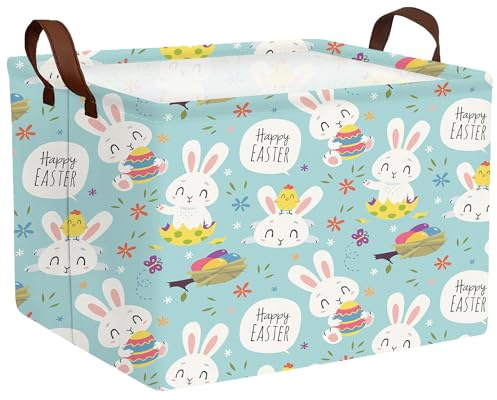 MYFLOCY Large Rectangular Easter Baskets Empty Waterproof Boy Toy Box Foldable Kid's Gifts Storage Bin Spring Room Decor(Flower Rabbit Holding Egg)