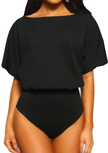 LINMON Womens Slash Neck Short Sleeve/Long Sleeve T Shirt Tops Bodysuit (A1 Black, Large)