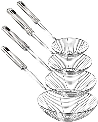 Schiumarola ragno in acciaio inox, confezione da 4 - Schiumarola professionale con filo di acciaio, colino e scolapasta per acqua o olio-spatola, manico ad alta resistenza al calore, 14/16/18/20 cm