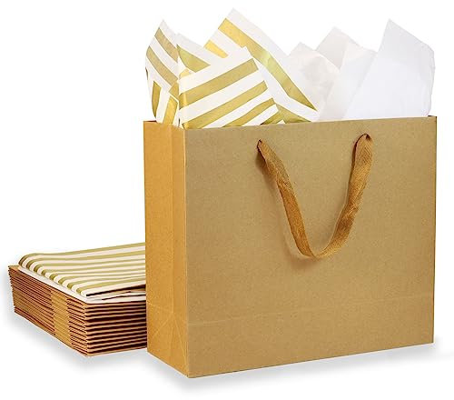 12 Stück Braun Geschenktüten mit Seidenpapier - 32x11.5x28cm, Groß Papiertüten mit henkel, 250 GMS Verdickte Papier, Geschenktaschen aus Papier Set für Festivalfeier, Hochzeit, Partei, Geburtstag