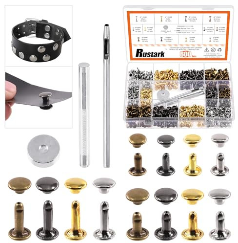 Rustark 600 Sets Leather Rivets Kit 3 Sizes 4 Colors Double Cap Rivet Tubular Metal Studs with Setting Tools Kit for DIY Leather Craft (6x6mm, 8x8mm, 8x12mm)