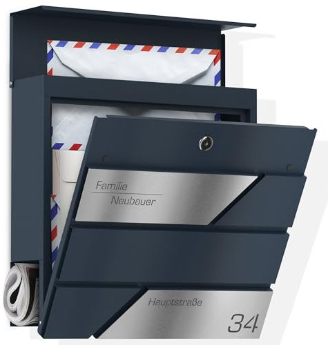 Graviers Design Boîte aux Lettres avec Rouleau à journaux en Anthracite RAL 7016 – Boîte aux Lettres personnalisée en Acier Inoxydable gravé au Laser Nom de la Rue – Boîte Murale Design 1