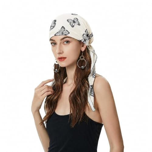 ZLYC Bonnet turban chimio pour femme, Foulard pré-noué, Chapeau léger, Papillon blanc., taille unique