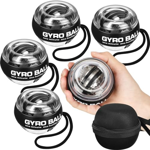 Glimin 4 Pcs Wrist Trainer Ball Auto Start Hand Gyro Ball Wrist Strengthener Self Starting Forearm Exerciser with Bag and Strap for Strengthening Arms Fingers Wrist Training (Black,Without Light)