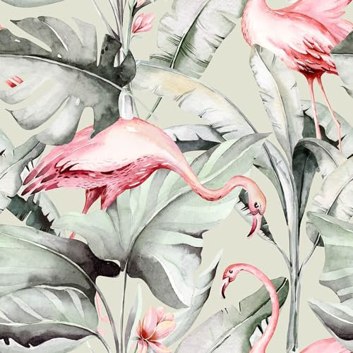 REDAMANCY Gray Pink Flamingo Palm Tree Leaf Peel and Stick Wallpaper Vintage Wall Paper Stick on Contact Paper Easy Peel Off for nightstand Drawer Renter Friendly 17.7x236