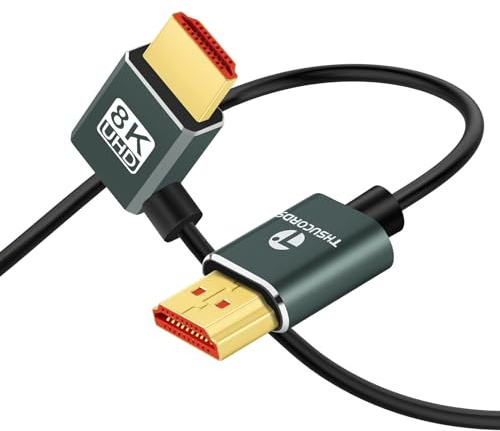 Thsucords Ultratunn 8K HDMI 2.1 90 Graders Vänster Vinkelkabel 1M, Flexibelt Smalt Höghastighetskabelstöd 4K @120Hz 8K @60Hz kompatibel med Roku TV/HDTV/PS5/Blu-ray