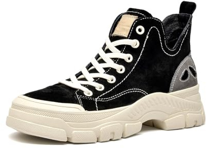 BEAU TODAY Women's Retro Low Top Sneakers, Casual Flat Lace-up Leather Sneakers for Women, Comfortable Non-Slip Trendy Walking Shoes, Fashion Suede Tennis Shoes Black US 8