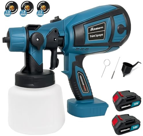 Akku farbsprühsystem für Makita 18V Akku BL1850, 1000 ML Farbspritzpistole mit 3 Düsen (1,0mm, 1,8mm, 2,5mm),3 Muster, für den Innen- und Außenbereich (mit 2 Akkus 3.0Ah)