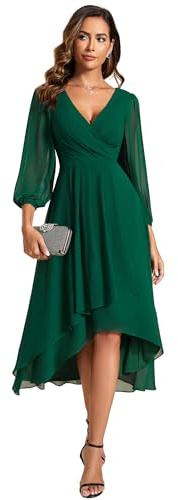 Ever-Pretty Vestido de Boda Invitados Cuello en V Mangas Tres Cuartos para Mujer Vestido de Noche Cintura Imperio de Verano 2025 Verde Oscuro 60