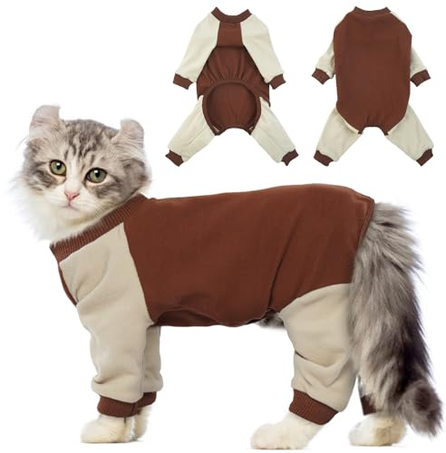 QBLEEV Sticky Hair Cat Clothes, Soft Cat Pajamas for Cats Only, Prevent Lost Fur Kitten Sweater Onesie, Stretchy Recovery Suit for Female Male Cats After Surgery Daily Wear, Brown, L